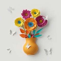 Obraz premium 3d render, cute paper flowers, botanical background, floral bouquet inside orange vase, festive clip art isolated on white, paper craft, greeting card