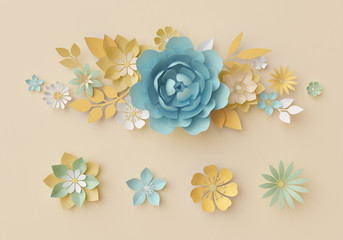 3d render, pastel paper craft flowers, botanical design elements, isolated floral clip art, nursery wall decor, baby blue, rose, peony, daisy, leaves