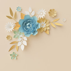 3d render, pastel paper flowers, botanical design, corner element, beautiful bouquet, isolated floral clip art, nursery wall decor, baby blue, rose, peony, daisy, leaves