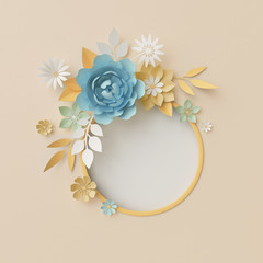 3d render, botanical background, pastel paper craft flowers, floral wreath, nursery wall decor, baby blue, round frame, blank banner, copy space, rose, peony, daisy, leaves