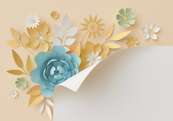 3d render, pastel paper flowers, botanical background, corner element, page curl, beautiful bouquet, floral arrangement, baby shower invitation, blue rose, peony, daisy, leaves