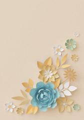 3d render, pastel paper flowers, botanical background, corner element, beautiful bouquet, floral arrangement, isolated clip art, nursery wall decor, baby blue, rose, peony, daisy, leaves