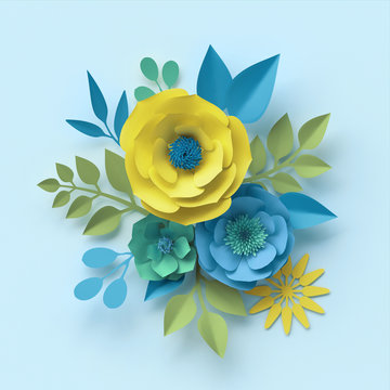 Fototapeta 3d render, paper flowers, botanical wallpaper, floral bouquet, mint blue yellow, spring summer background, rose, daisy, dahlia