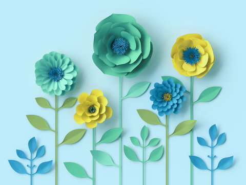 Fototapeta 3d render, mint blue yellow paper flowers, botanical wallpaper, spring summer background, floral design elements, rose, daisy, dahlia