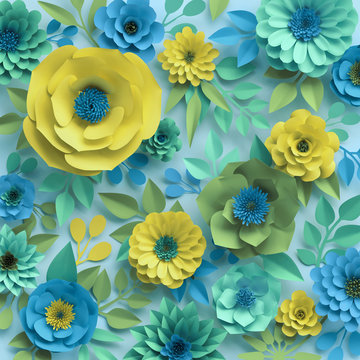 Fototapeta 3d render, paper flowers, botanical background, floral wallpaper, turquoise pattern, garden, mint blue yellow, spring summer nature, rose, daisy, dahlia