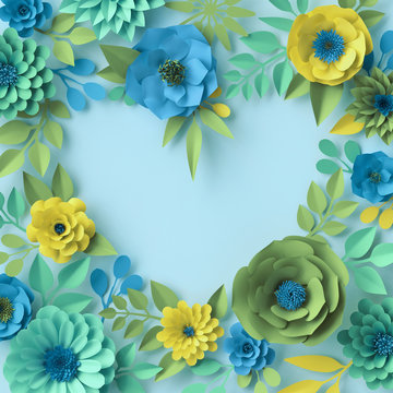 3d render, paper flowers, botanical wallpaper, floral heart shape, blank space, romantic bouquet, mint blue yellow, spring summer background, greeting card template, rose, daisy, dahlia