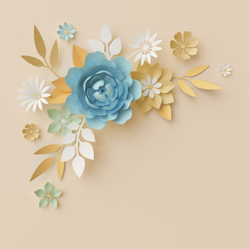 Fototapeta 3d render, pastel paper flowers, botanical design, corner element, beautiful bouquet, isolated floral clip art, nursery wall decor, baby blue, rose, peony, daisy, leaves