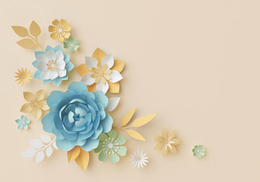 3d render, pastel paper flowers, botanical design, corner element, beautiful bouquet, floral arrangement, isolated clip art, nursery wall decor, baby blue, rose, peony, daisy, leaves