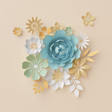 Fototapeta 3d render, pastel paper flowers, botanical background, beautiful bouquet, floral arrangement, nursery wall decor, blue rose, peony, daisy, leaves