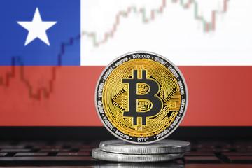 BITCOIN (BTC) cryptocurrency; coin bitcoin on the background of the flag of Chile