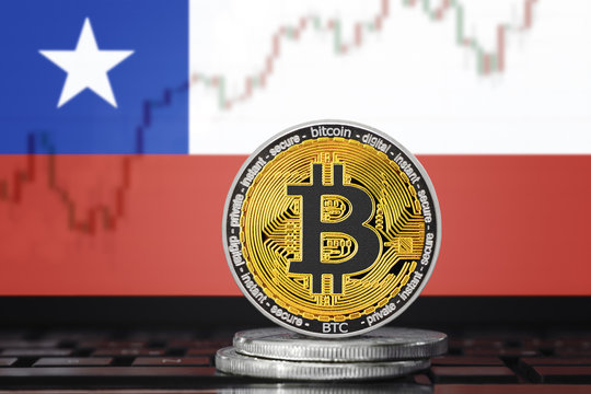 BITCOIN (BTC) cryptocurrency; coin bitcoin on the background of the flag of Chile