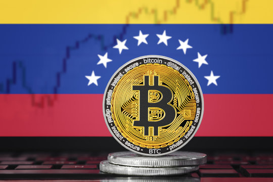 BITCOIN (BTC) cryptocurrency; coin bitcoin on the background of the flag of Venezuela 