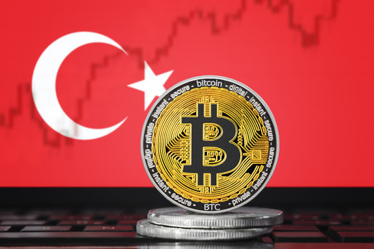 BITCOIN (BTC) cryptocurrency; coin bitcoin on the background of the flag of Turkey 