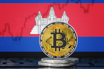 BITCOIN (BTC) cryptocurrency; coin bitcoin on the background of the flag of Cambodia