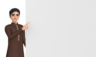 3D illustration character - A man wearing a kurta points to the white board.