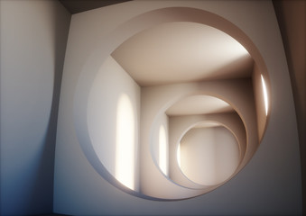3d render, abstract urban background, round hole, tunnel, window, empty corridor, room, sun rays, concrete walls, illuminated tunnel, light and shadows, daylight