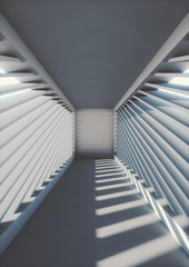 3d render, abstract urban background, empty white tunnel, corridor, room, concrete walls, illuminated tunnel, sun rays, daylight, light and shadows