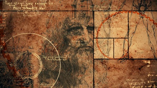 An amazing 3d rendering of code Da Vinci picture with a portrait of the old bearded genius from Italy, a virtuvian man and a moving spiral line covering moving images.