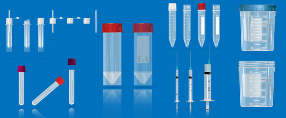 Several empty tubes for blood, vacuum container, syringes and Containers for general clinical analysis of urine