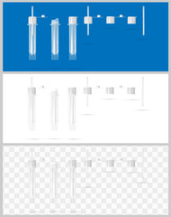 Sterile containers for analysis. Open and closed containers. Set of lids for containers for analysis. Sterile medical containers for biomaterial.