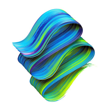3d render, abstract artistic brush stroke, design element isolated on white background, paint splash, colorful splatter, blue green wave, loops, spectrum palette, vivid folded ribbon