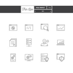 Line Icons Set of SEO elements, big data center graph, internet protection password access, technical instrument. Logo icons. Vector illustration. Logo icons vector illustration