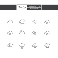 Cloud Service signs set. Thin Line art icons. Cloud servers and wireless network icon set. Flat style illustrations isolated on white.