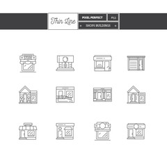 City cafe, food and groceries shops, pharmacy and stores buildings storefronts Line Icons Set. Thin Line art Icons. Flat style illustrations isolated on white.