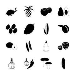 icon Fruits And Vegetables with coco, red pepper, wall fruit, calabash and tinder