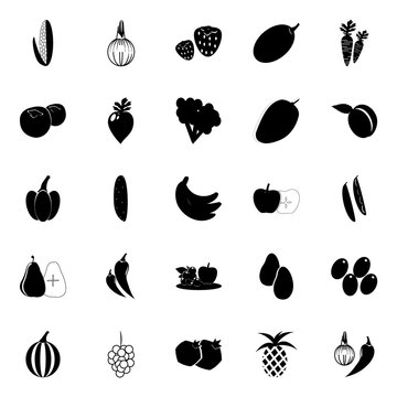icon Fruits And Vegetables with strawberr, olive oil, ananas, bulb onion and cherry