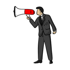 Fototapeta premium Businessman shouting over megaphone vector illustration sketch doodle hand drawn with black lines isolated on white background