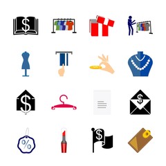 icon Shopping Tools with sticker, discout, banking, payment and dressmarker