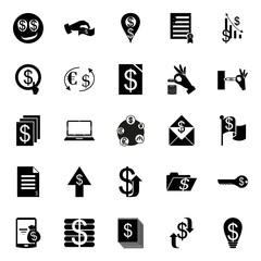 icons about Currency with money sms, crisis, credit, flag and safe key