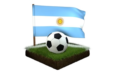 Ball for playing football and national flag of Argentina on field with grass