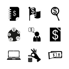 icon Currency with bank, search, laptop, computer and commerce