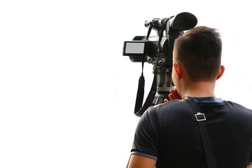 cameraman video recording on white
