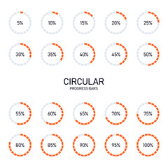 Collection of circular futuristic progress loading bar and buffering percentage