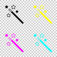 magic wand with stars. simple silhouette. Colored set of cmyk icons on transparent background