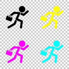 Fototapeta na wymiar running man with case. Colored set of cmyk icons on transparent background