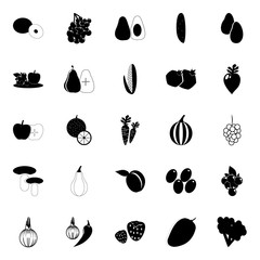 icon Fruits And Vegetables with gherkin, robber crab, strawberries, pomegranate and olive tree