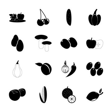icon Fruits And Vegetables with orange, orange grove, green plum, forest and spicy