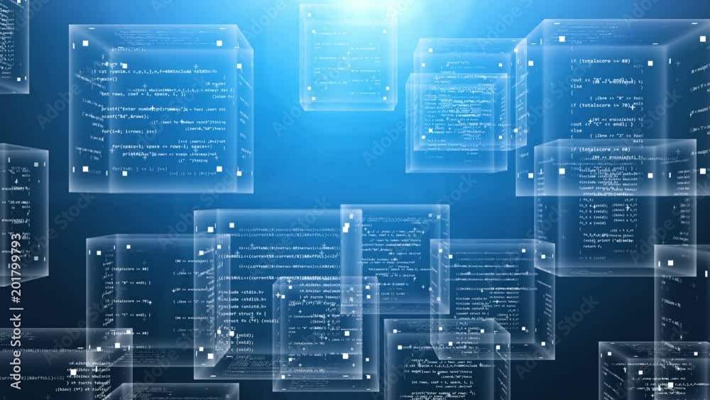 Poster a highly technological 3d rendering of program code boxes moving up in the blue background. their tr