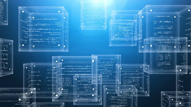 A highly technological 3d rendering of program code boxes moving up in the blue background. Their transparent surfaces are covered with white texts and formulas.