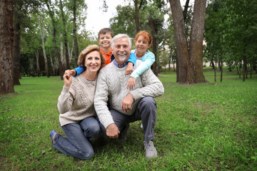 Naklejka na ściany i meble Little children with grandparents in park