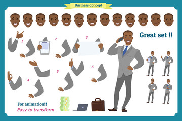 Set of businessman presenting in various action.Happy young black  African men in business suit.People character. Standing. Face,body elements for design, animation work.Isolated vector on white. Flat