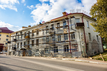 Fototapeta na wymiar Borovsk, Russia - October 2017: View of a renovated residential building in the city of Borovsk. Kommunisticheskaya street