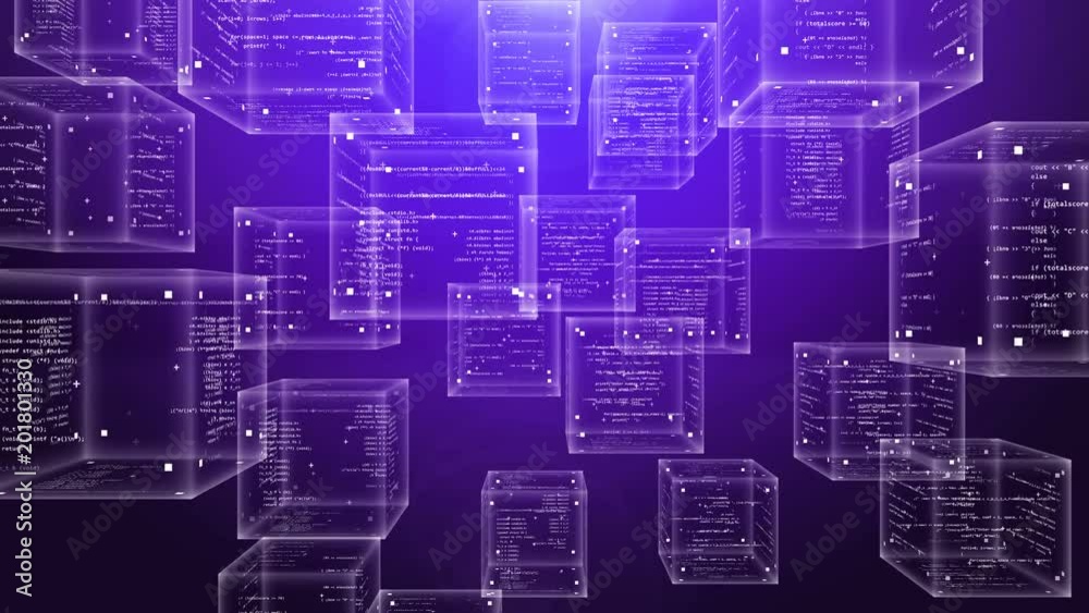Poster a volumetric 3d rendering of program code boxes trembling and flying in the violet background. their