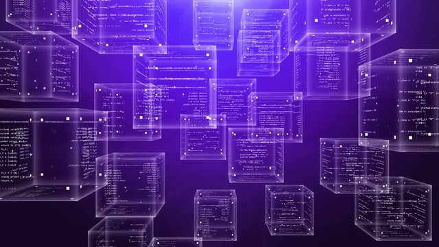 A volumetric 3d rendering of program code boxes trembling and flying in the violet background. Their crystal clear areas are covered with white numbers, letters and texts.