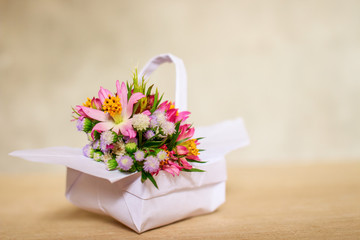 Closeup of Bouquet in White Basket