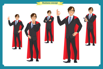 Set of super businessman character poses, gestures,actions, body elements. Isolated on white. Man in suit,cloak standing, Cartoon flat-style illustration. Business people.